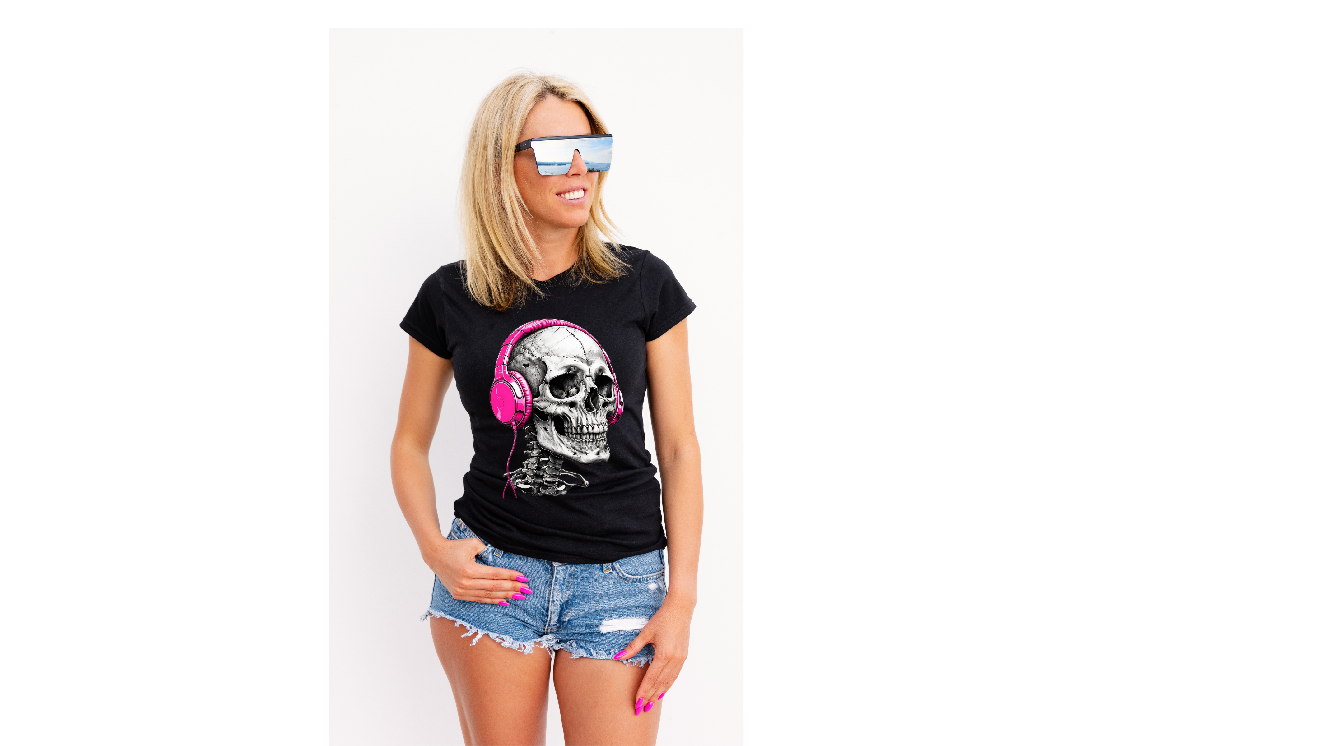 Short sleeve skeleton with headphones pink